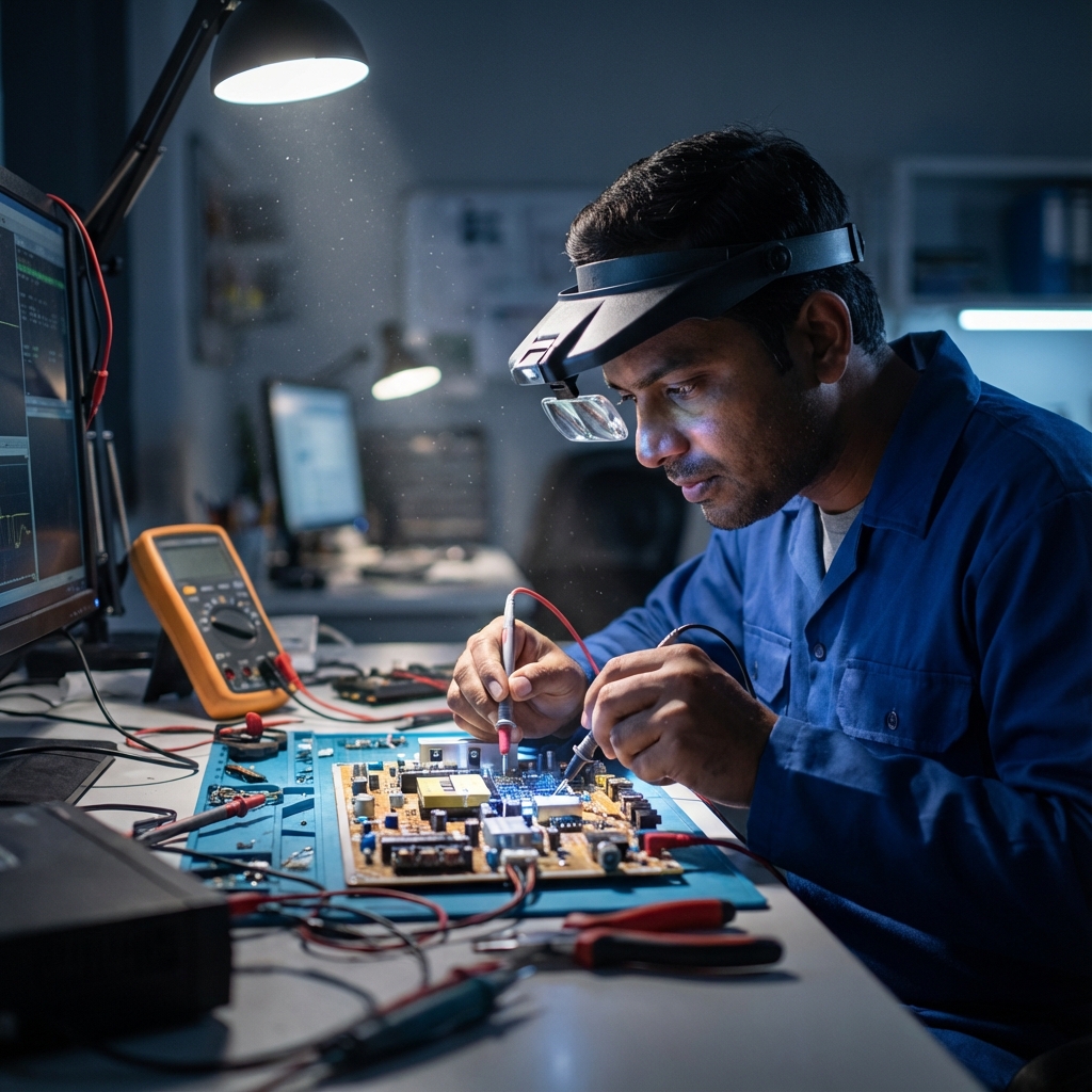 TV technician repairing VU LED TV